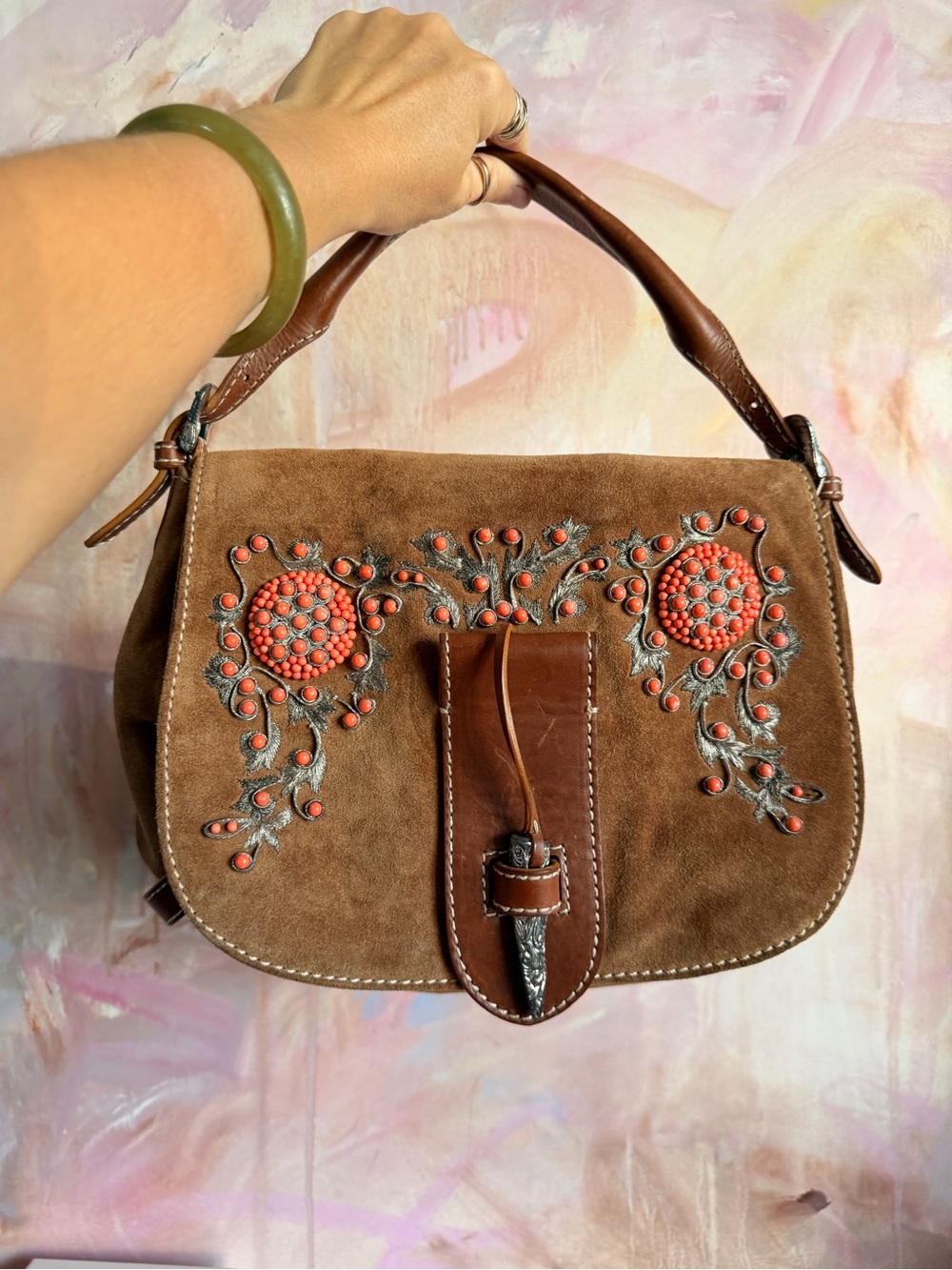 Vintage Valentino Brown Suede Handbag with Coral Embellishment
